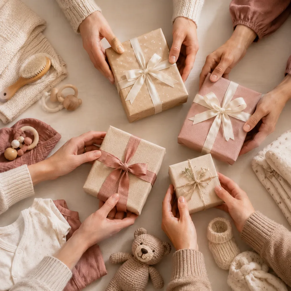 Mehrere Hände legen kleine, in Beige und Altrosa verpackte Geschenke auf einen Tisch